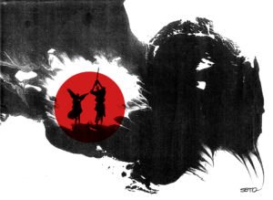 A imagem mostra um fundo com pinceladas em preto e branco no estilo sumiê, com um círculo vermelho central contendo a silhueta de dois samurais em combate. No canto inferior direito da ilustração, há a assinatura de Claudio Seto, artista autor da imagem.
